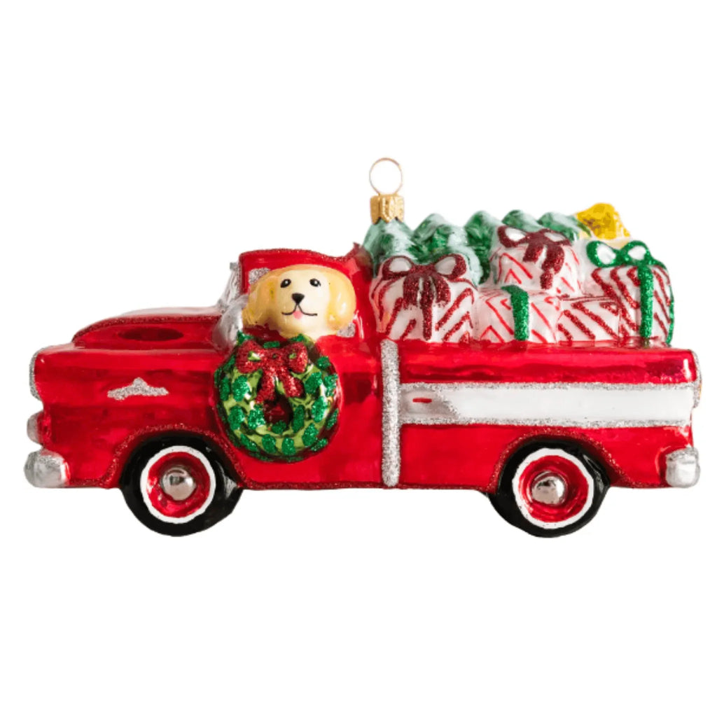 Gray Malin Holiday Pup in a Red Truck Christmas Ornament - Christmas Ornaments - The Well Appointed House