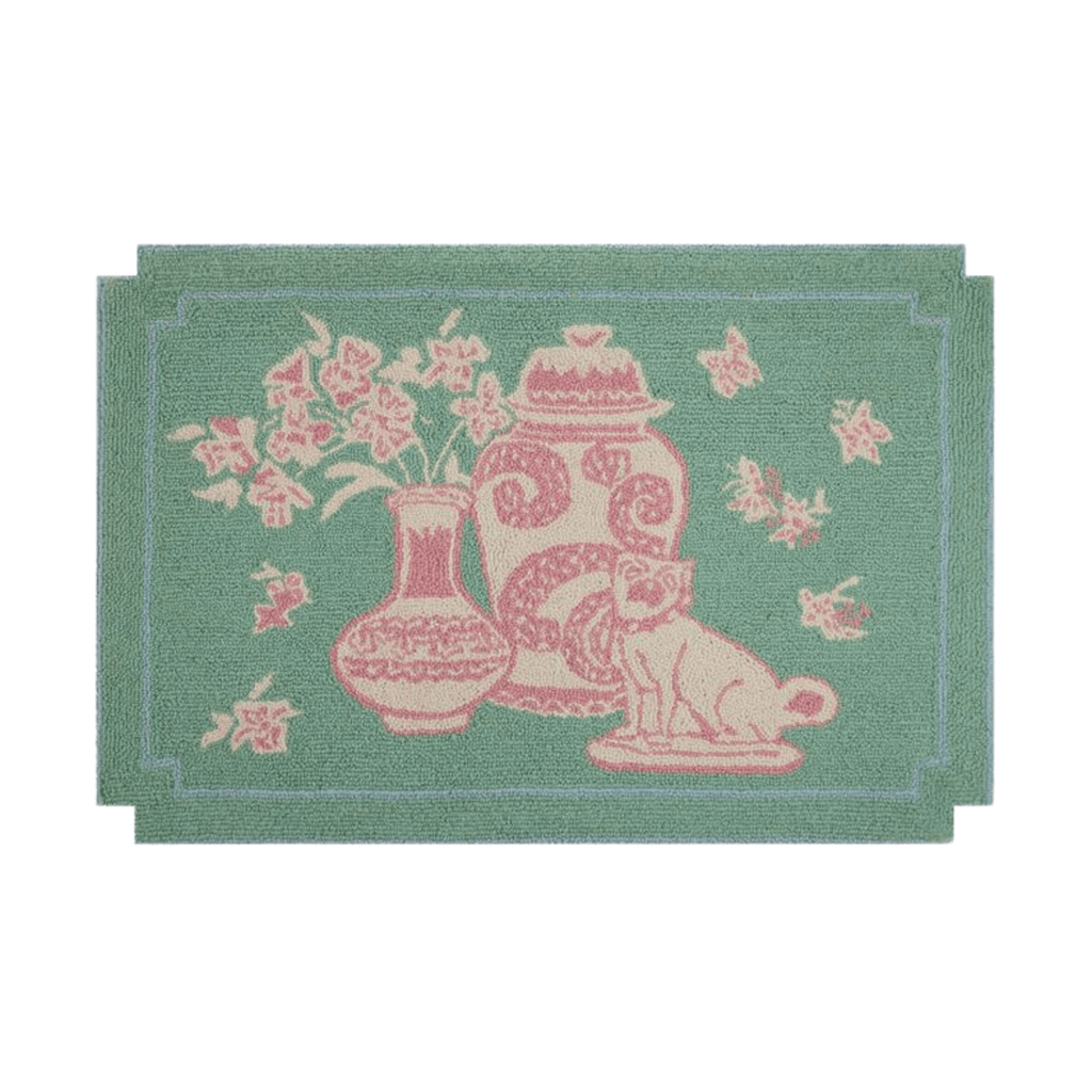 Green & Rose Dog With Vase Latch Hook Rug - Rugs - The Well Appointed House