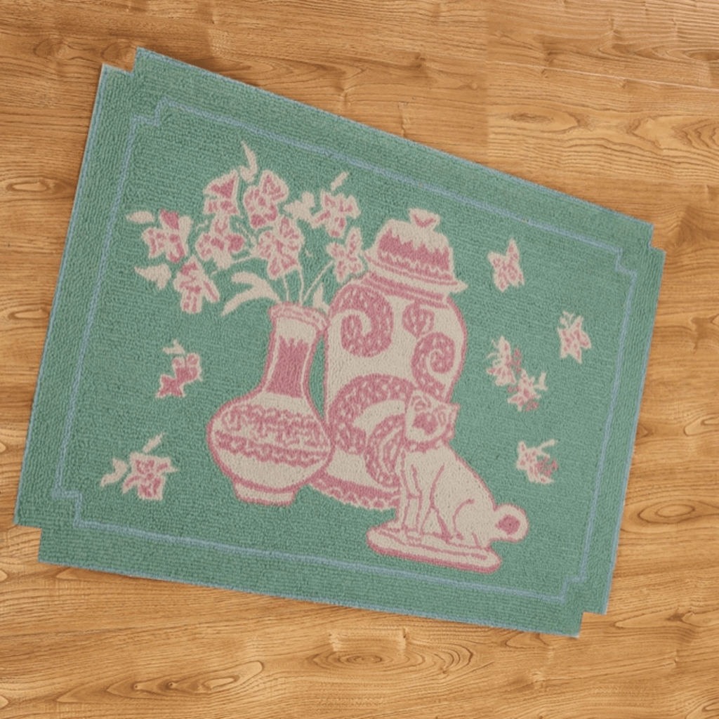 Green & Rose Dog With Vase Latch Hook Rug - Rugs - The Well Appointed House