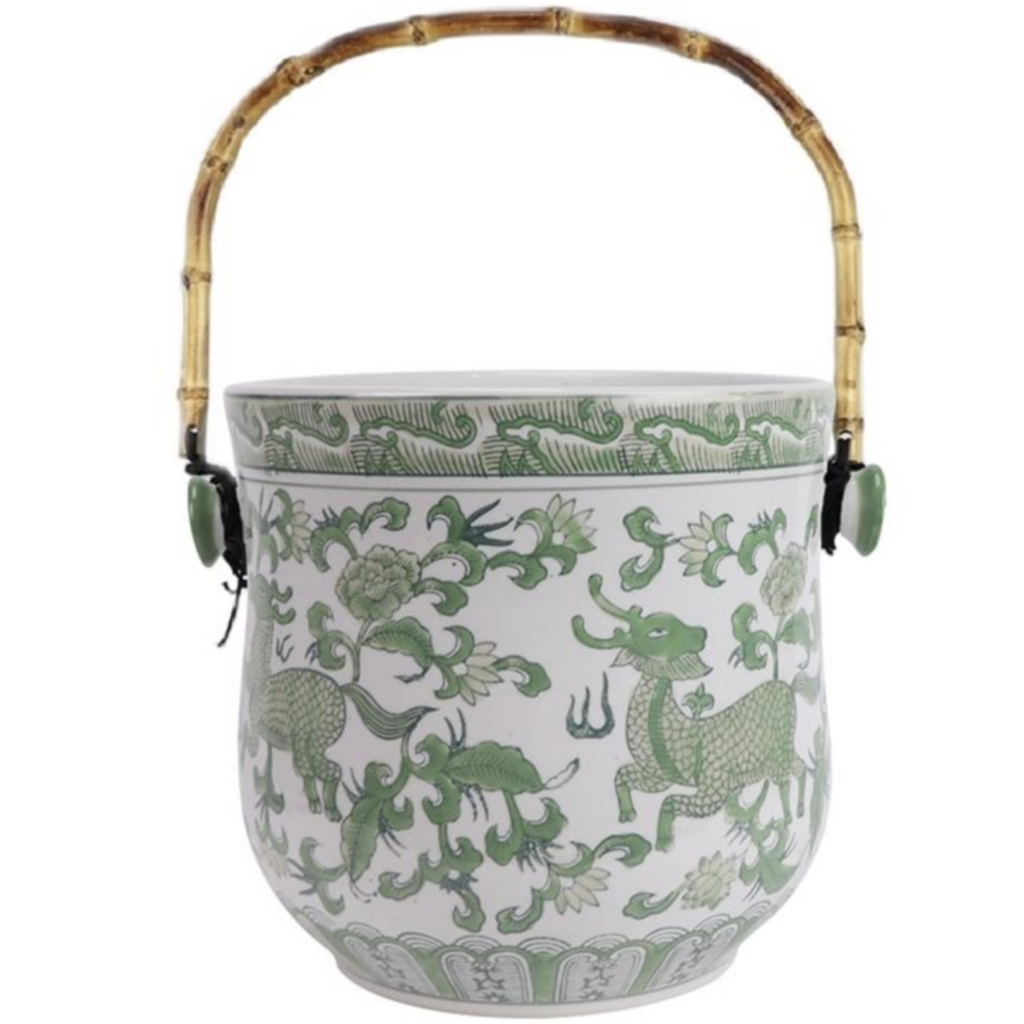 Green & White Bamboo Handle Ice Bucket - The Well Appointed House 