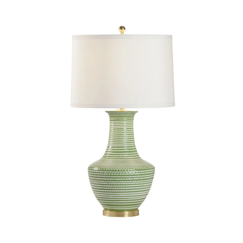 Green and White Classic Textured Ceramic Table Lamp with Polished Brass Accents and Silk Shade - Table Lamps - The Well Appointed House