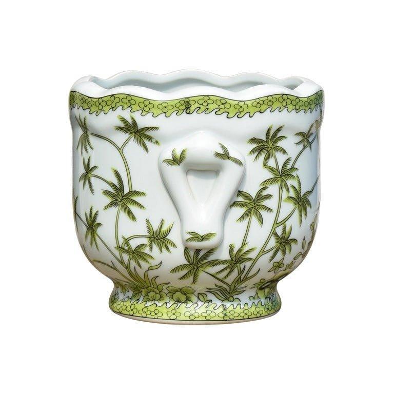 Green Palm Tree on White Porcelain Cachepot - Indoor Cachepots - The Well Appointed House
