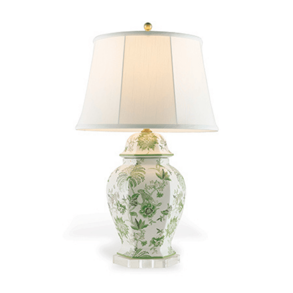 Green Porcelain Floral & Fauna Hex Lamp With Shade - Table Lamps - The Well Appointed House