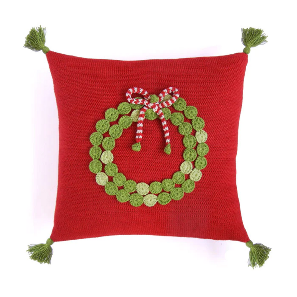 Red With Green Wreath Christmas Throw Pillow - The Well Appointed House