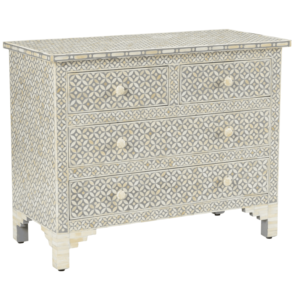 Grey and Brown Bone Inlay Four Drawer Chest With Geometric Pattern - Nightstands & Chests - The Well Appointed House
