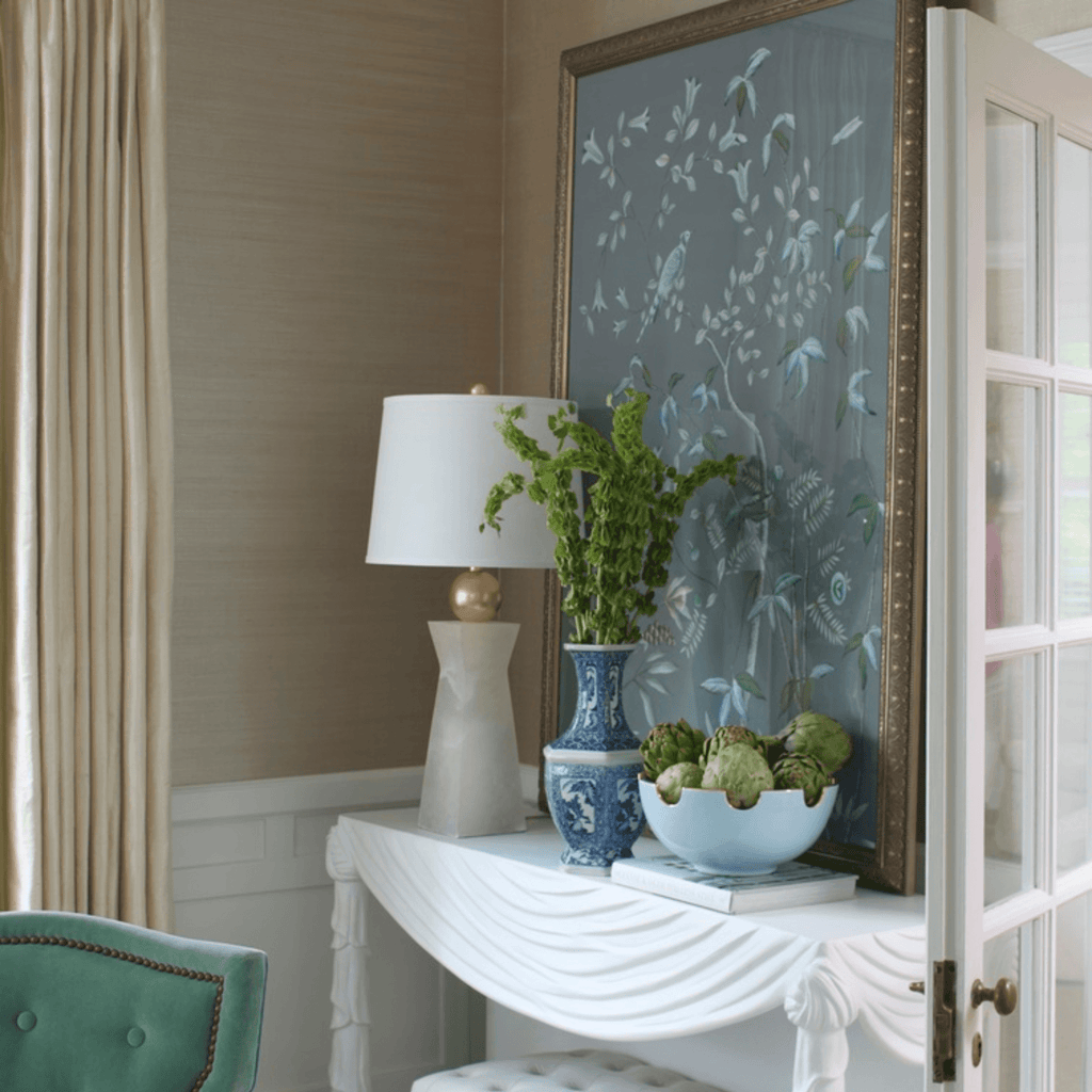Grey-Blue Watercolor on Silk Chinoiserie Birds Wall Art Panel - Paintings - The Well Appointed House