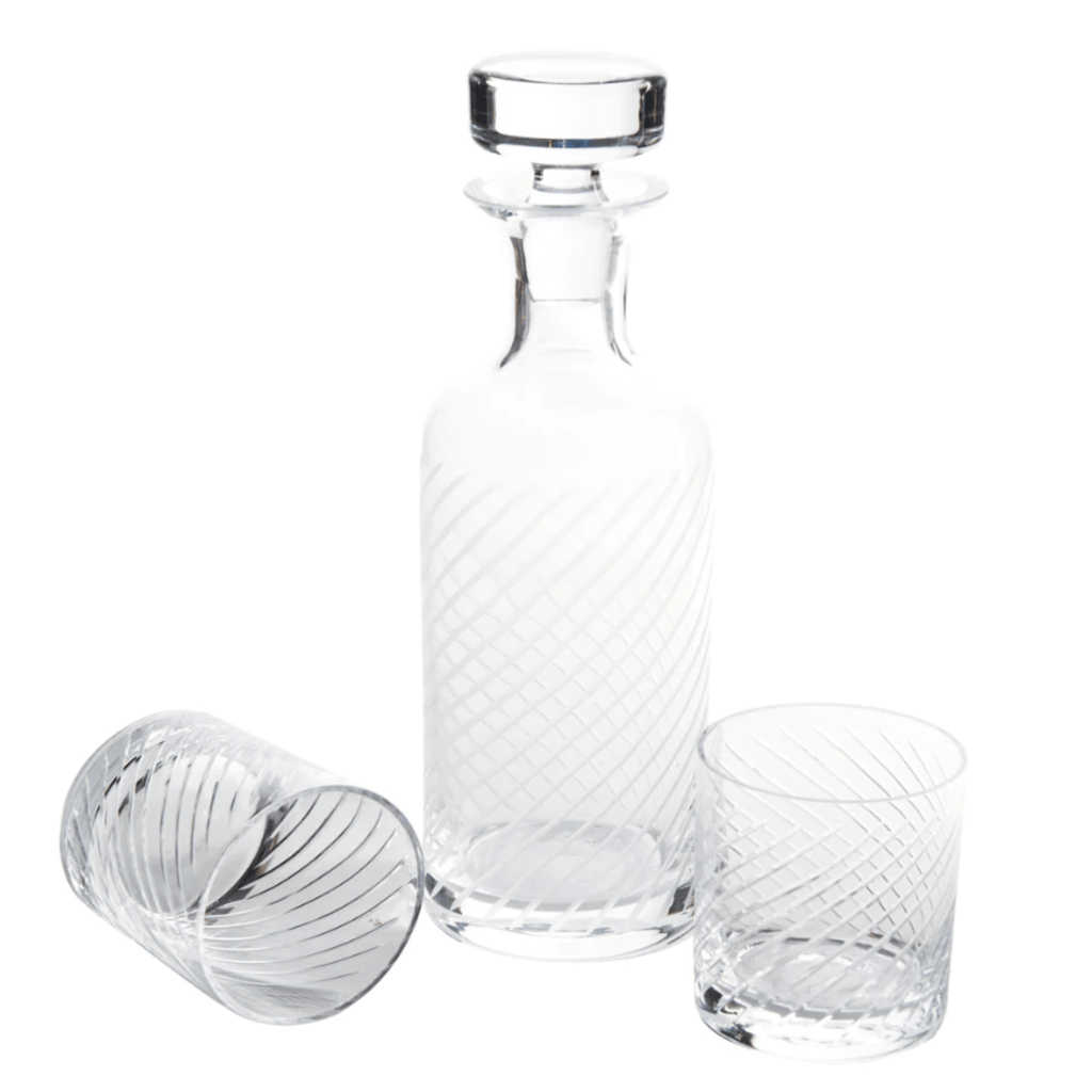 Hand Etched Diagonal Cut Glass Decantr With Optional Set of Glasses - Bar Tools & Accessories - The Well Appointed House