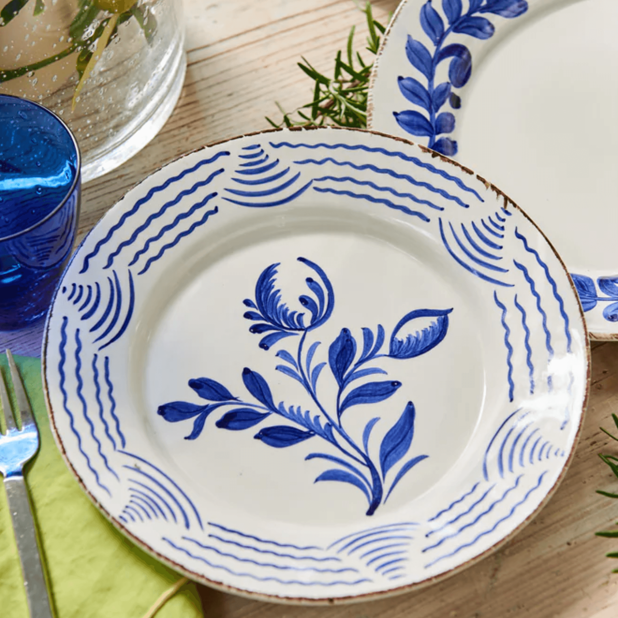 Hand Painted Blue White Flowers and Shells Dinner Plates – The