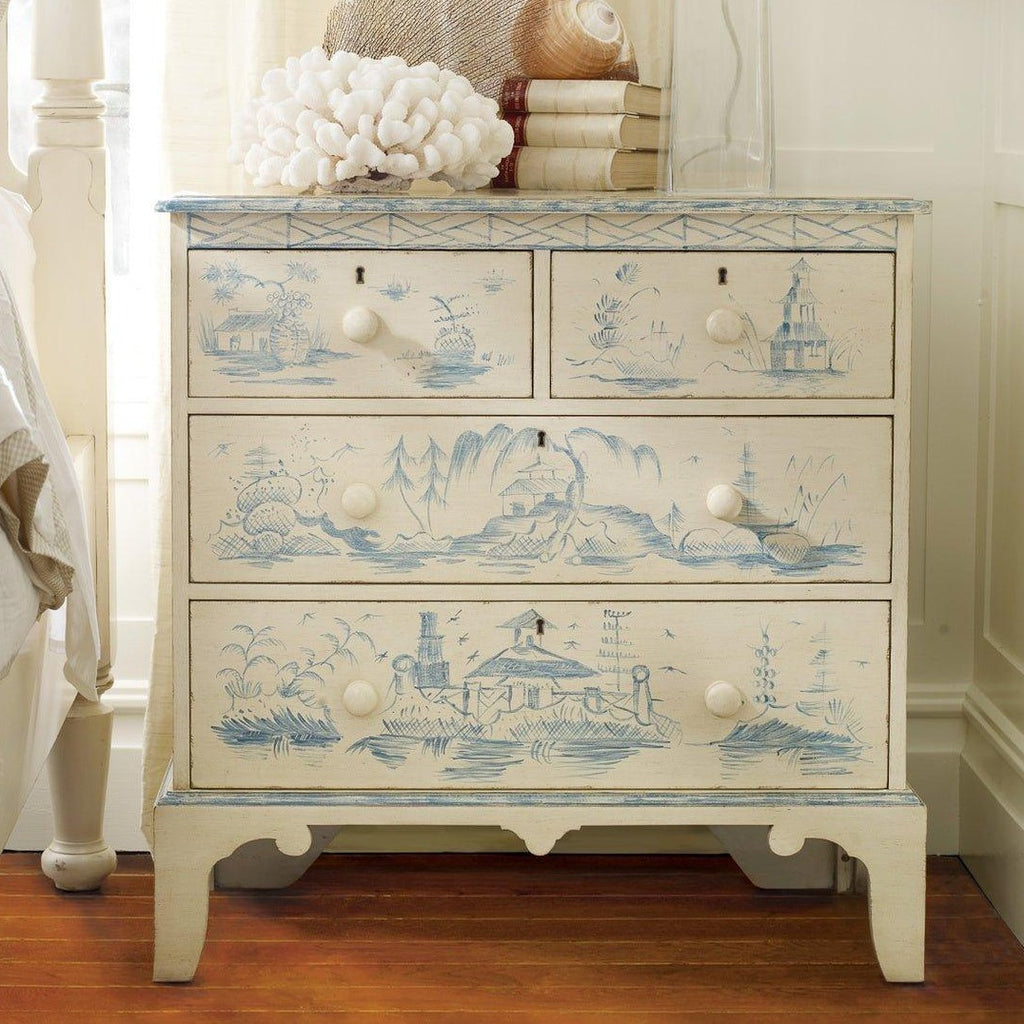 Hand Painted Cream Chest with Blue Toile Designs - Nightstands & Chests - The Well Appointed House