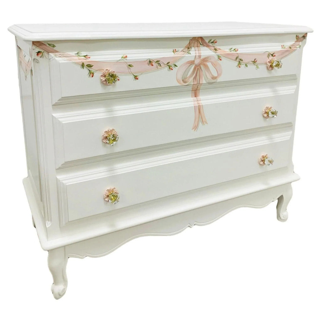 Hand Painted French Wide Chest in White with Ribbons and Roses Motif - Little Loves Dressers & Side Tables - The Well Appointed House