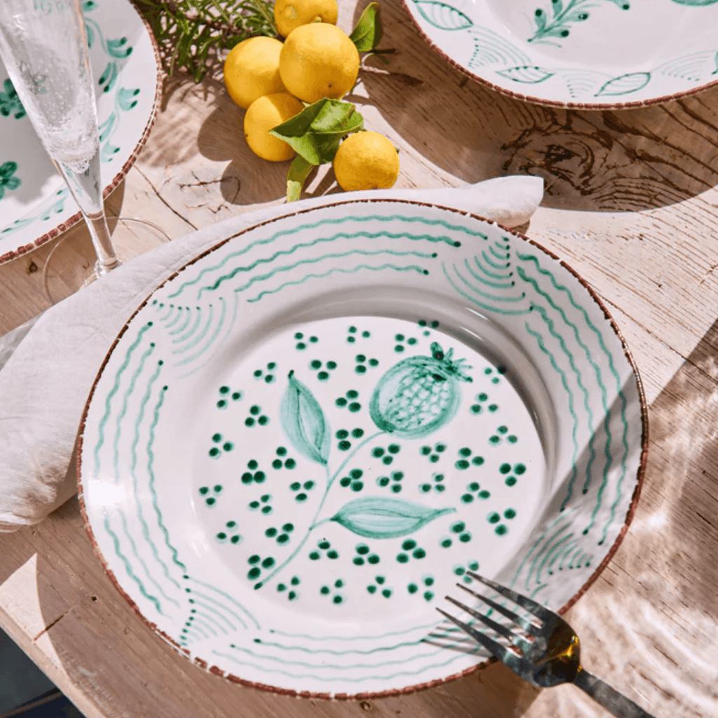 Hand Painted Green & White Flowers and Shells Dinner Plate - Dinnerware - The Well Appointed House