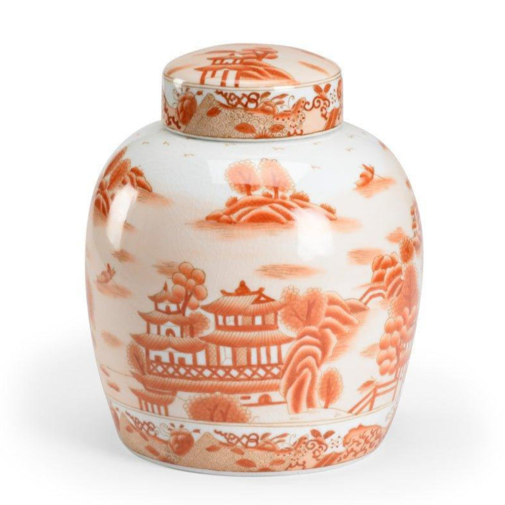Hand Painted Red on White Chinoiserie Covered Ceramic Jar - Vases & Jars - The Well Appointed House