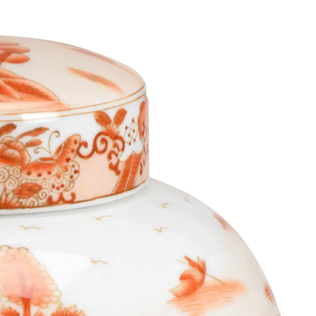 Hand Painted Red on White Chinoiserie Covered Ceramic Jar - Vases & Jars - The Well Appointed House