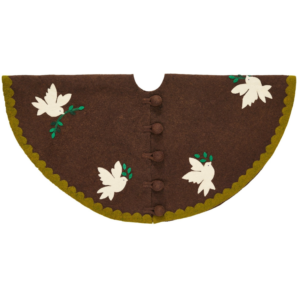 Handmade Doves Brown Christmas Tree Skirt in Hand Felted Wool - The Well Appointed House