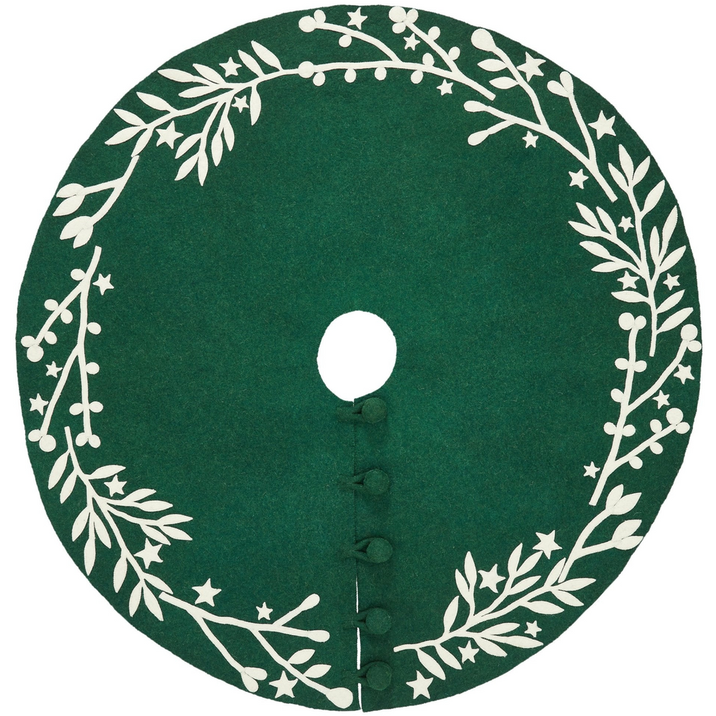 Handmade Felt Cream Branches and Stars Green Christmas Tree Skirt  - The Well Appointed House