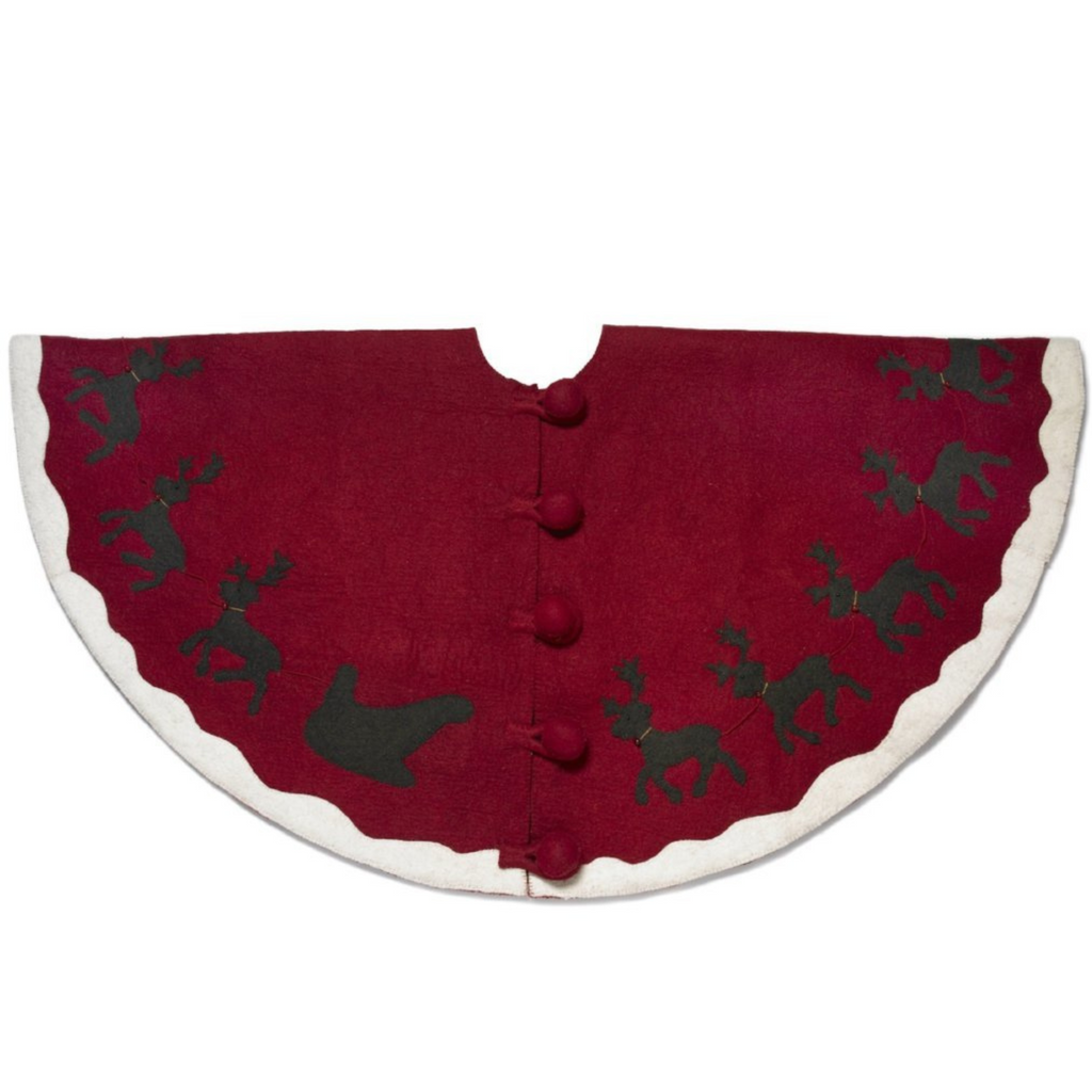 Handmade Felt Sleigh and Reindeer Red Christmas Tree Skirt  - The Well Appointed House 