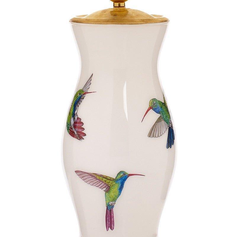 Handmade Glass Hummingbird Design Decoupage Lamp in Cream - Table Lamps - The Well Appointed House
