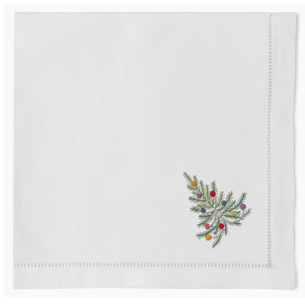 Set of 4 White Cotton Decorated Christmas Tree Dinner Napkins - The Well Appointed House