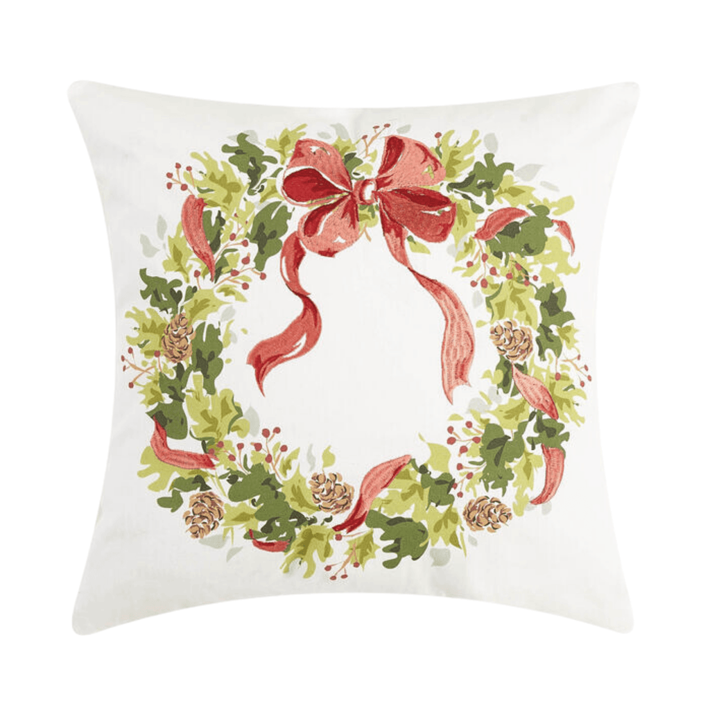 Holly Pinecone Wreath Printed & Embroidered Christmas Throw Pillow - Christmas Pillows - The Well Appointed House