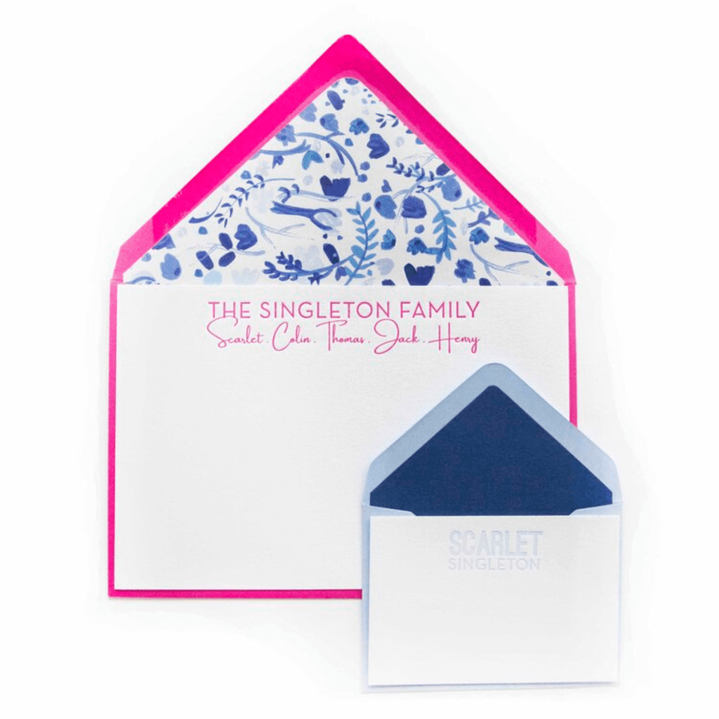 Hot Pink and Blue Floral Design 79 Personalized Letterpress Note & Enclosure Cards - Stationery - The Well Appointed House