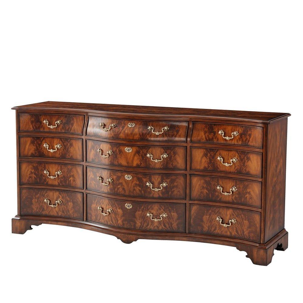 India Silk Twelve Drawer Flame Veneered & Mahogany Serpentine Dresser - Dressers & Armoires - The Well Appointed House