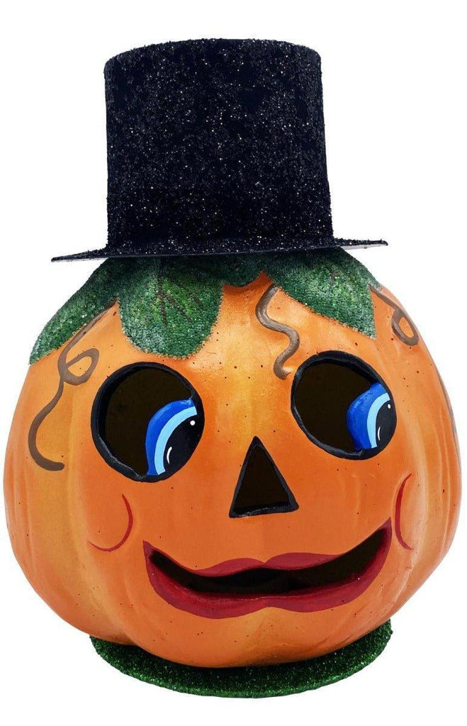 Ino Schaller Paper Mache Pumpkin With Black Top Hat Candy Container Halloween Decoration - Halloween - The Well Appointed House