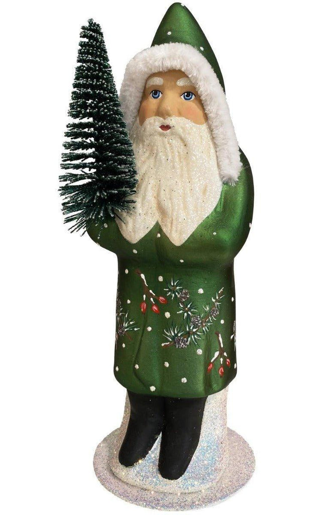 Ino Schaller Paper Mache Santa In Matte Green Coat Candy Container Christmas Decoration - Christmas Decor - The Well Appointed House