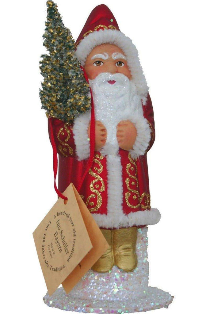 Ino Schaller Paper Mache Santa In Red & Gold Coat With Tree Candy Container Christmas Decoration - Christmas Decor - The Well Appointed House