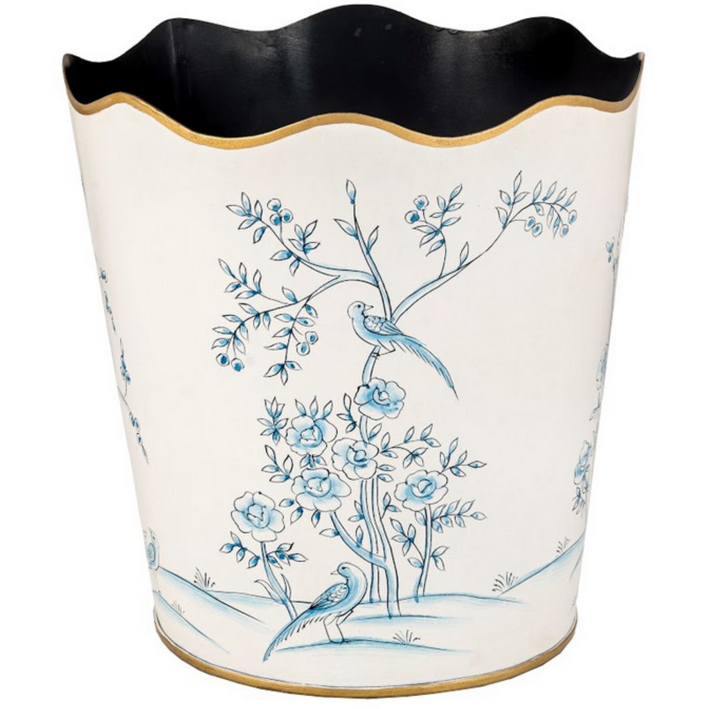 Ivory & Blue with Gold Trim Scalloped Wastepaper Basket - The Well Appointed House 