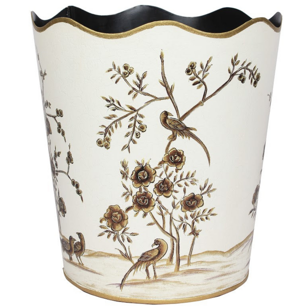 Scalloped Ivory & Gold Wastepaper Basket - The Well Appointed House 