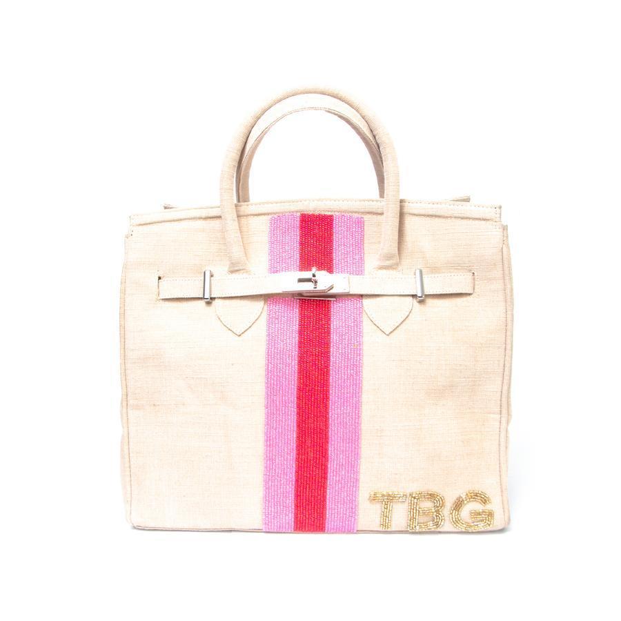 Ivory Jute Tote with Beaded Stripe in Pink and Red - Gifts for Her - The Well Appointed House