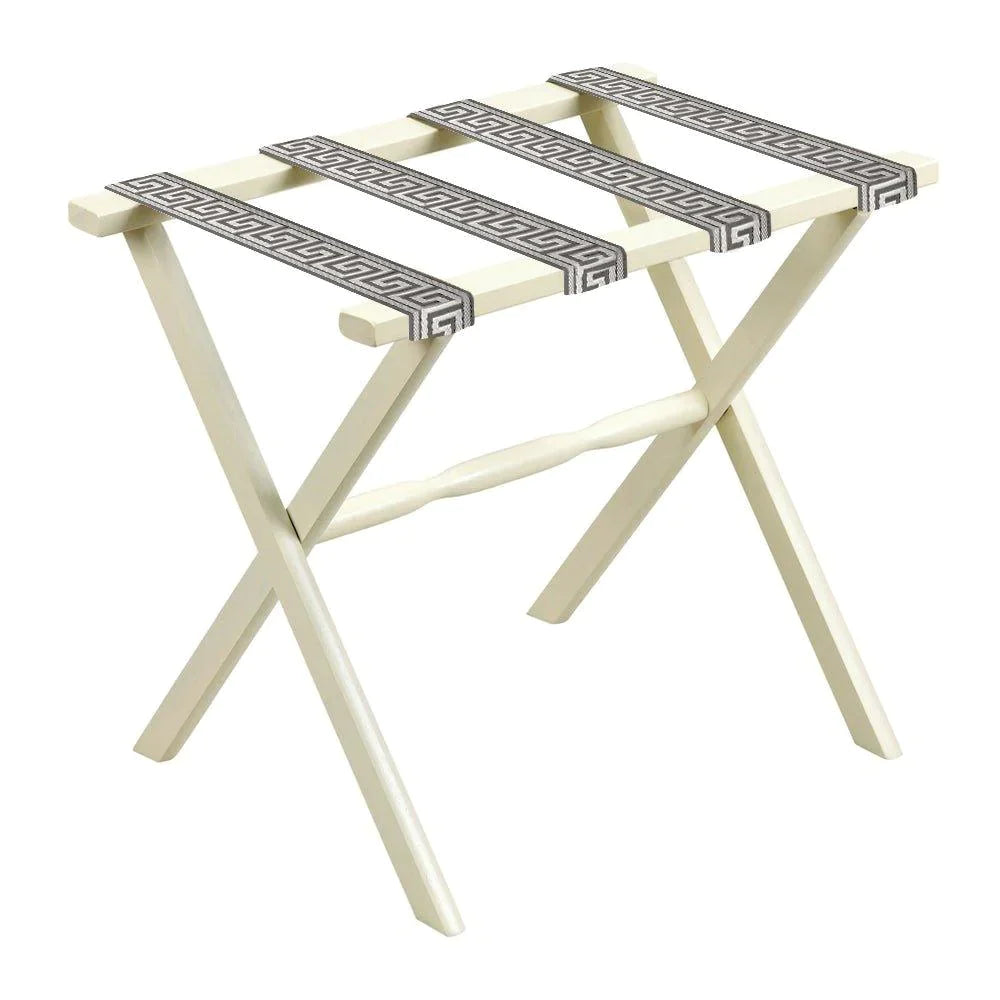Ivory Straight Leg Wood Luggage Rack Pewter & Taupe Greek Key Straps ...