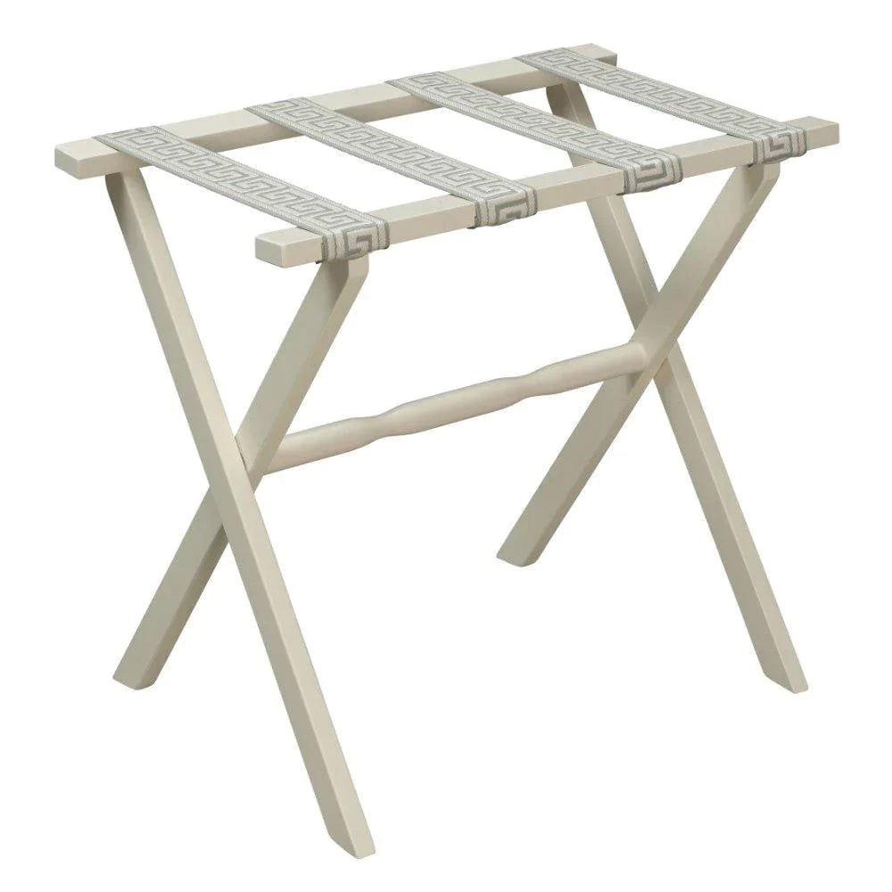Ivory Straight Leg Wood Luggage Rack with 4 Seafoam & Natural Greek Key Straps - End of Bed - The Well Appointed House