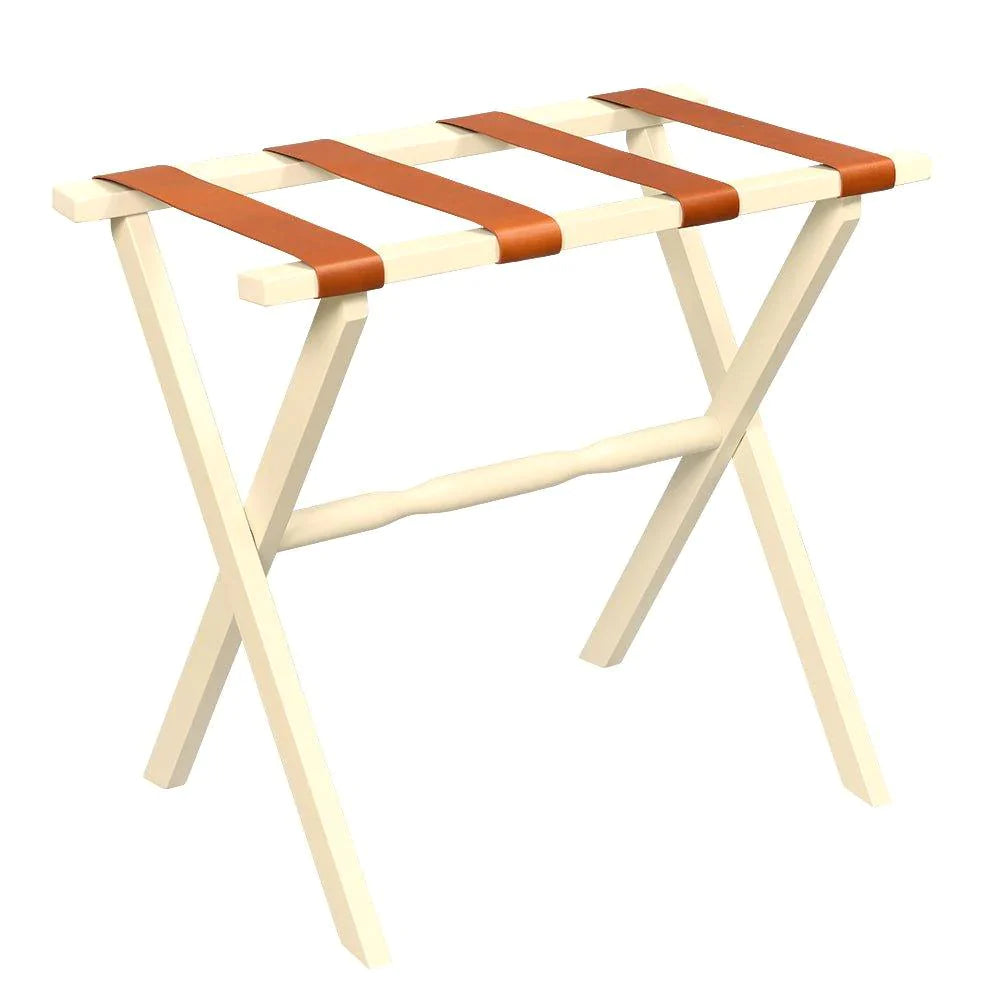 Ivory Straight Leg Wood Luggage Rack with 4 Tan Leather Straps - End of Bed - The Well Appointed House