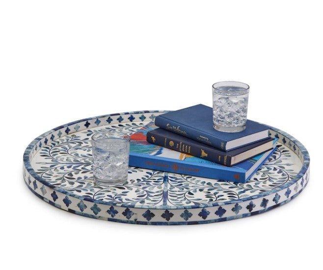 Jaipur Palace Blue and White Inlaid Decorative Round Serving Tray - Decorative Trays - The Well Appointed House
