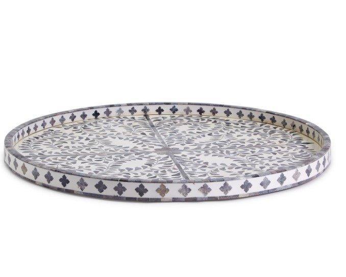 Jaipur Palace Gray & White Inlaid Decorative Round Serving Tray - Decorative Trays - The Well Appointed House