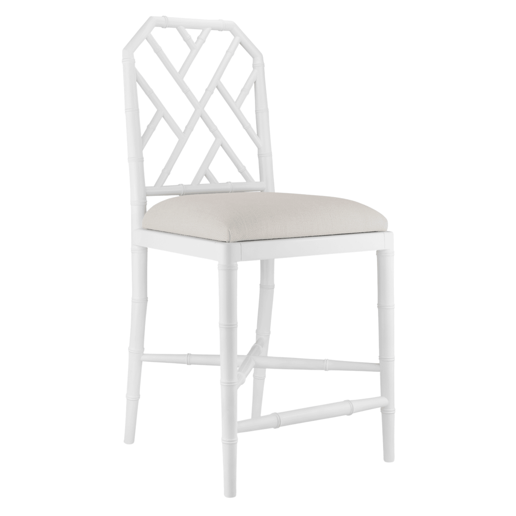 Jardin Eggshell White Faux Bamboo Fretwork Chippendale Counter Stool - Bar & Counter Stools - The Well Appointed House