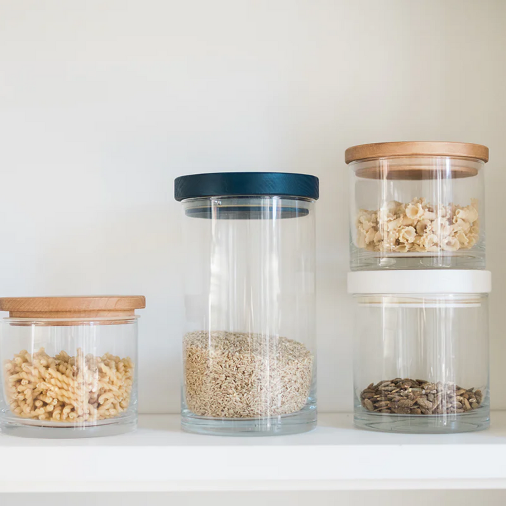 Mouthblown Glass Canisters With Navy Blue Wood Lids  - The Well Appointed House