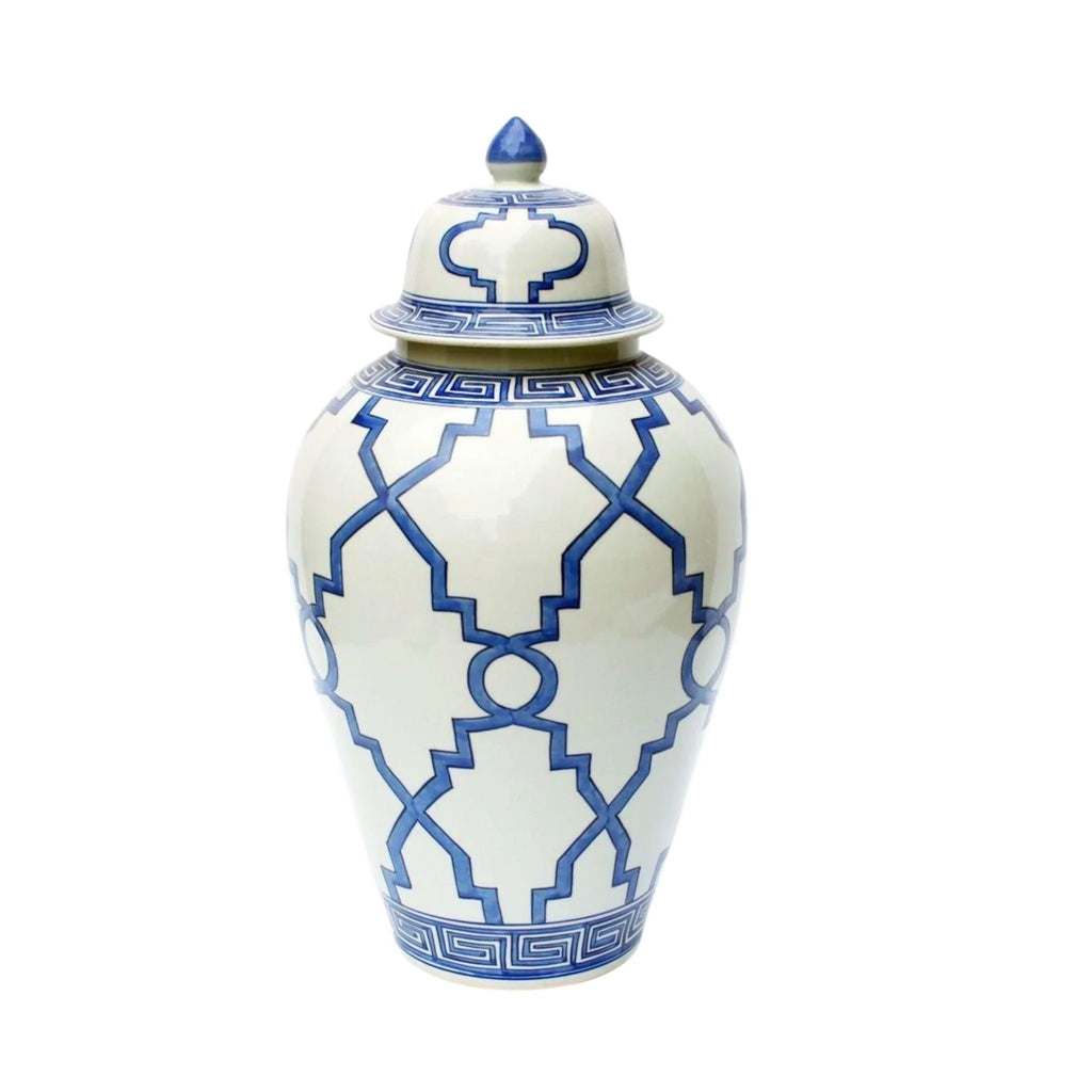 Large Blue & White Greek Key Grids Heaven Porcelain Jar - Vases & Jars - The Well Appointed House