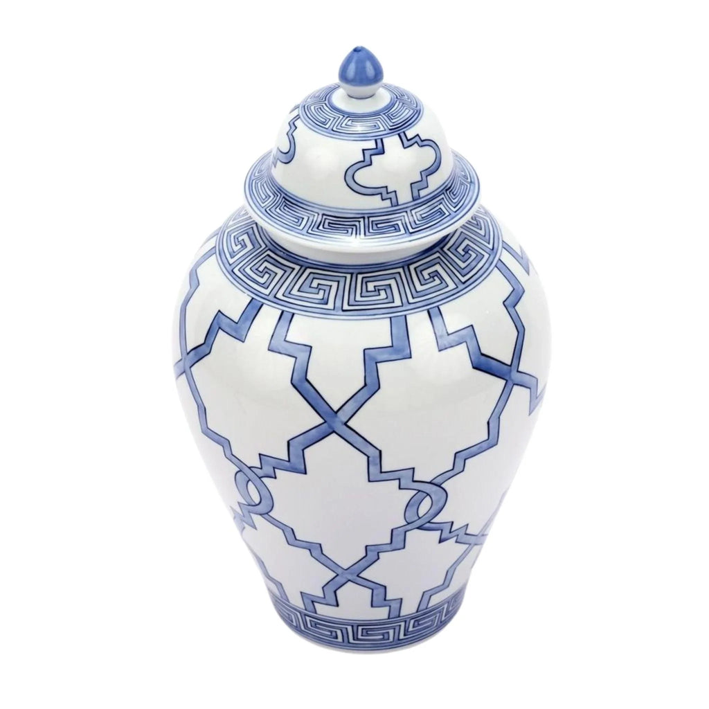 Large Blue & White Greek Key Grids Heaven Porcelain Jar - Vases & Jars - The Well Appointed House