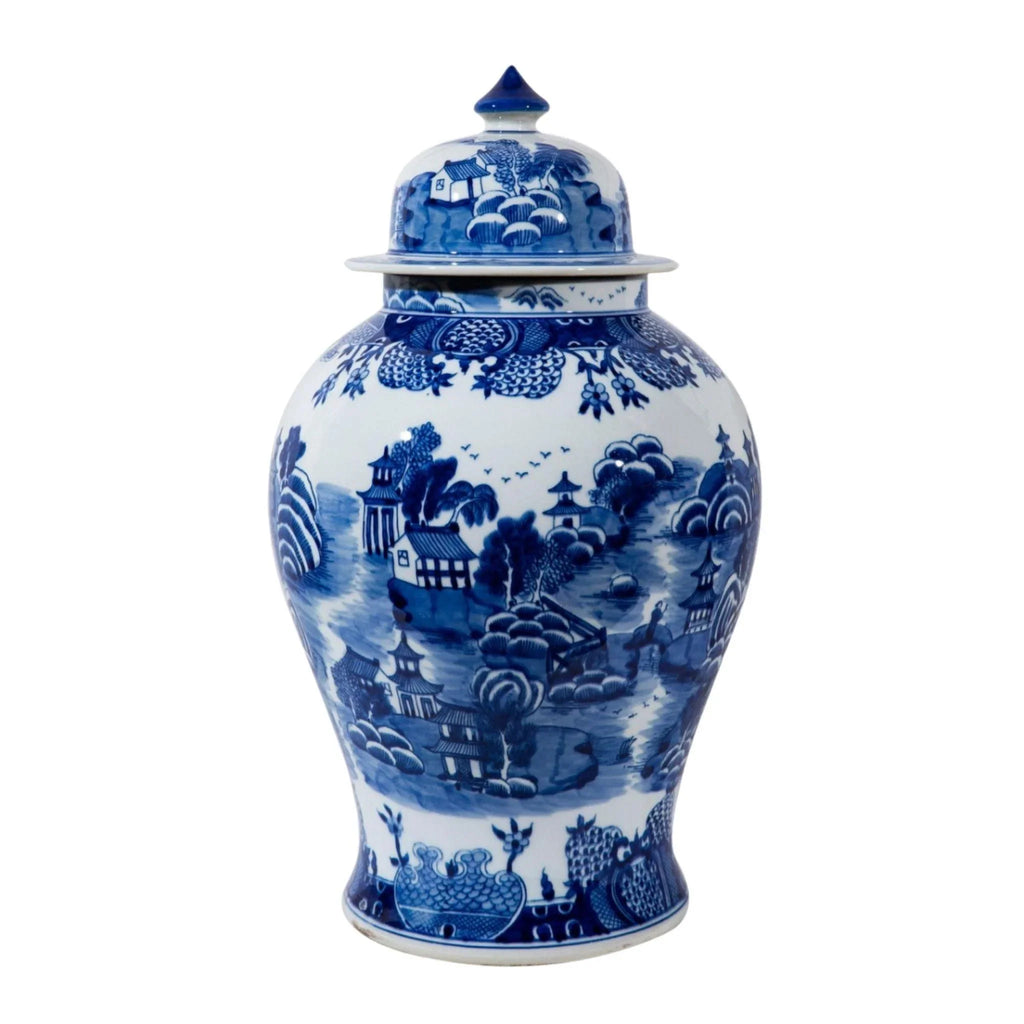 Large Blue and White Mountain Pagoda Porcelain Temple Jar - Vases & Jars - The Well Appointed House