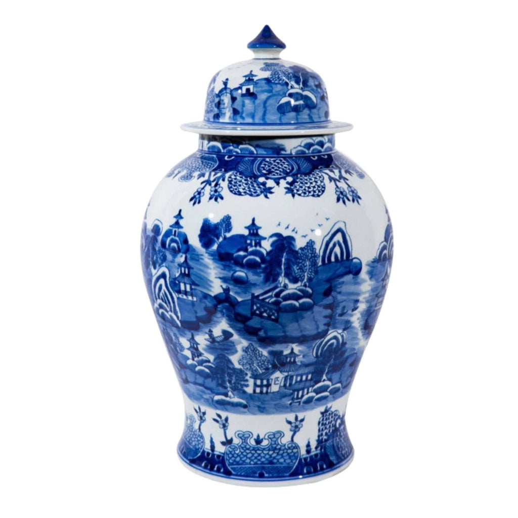 Large Blue and White Mountain Pagoda Porcelain Temple Jar - Vases & Jars - The Well Appointed House