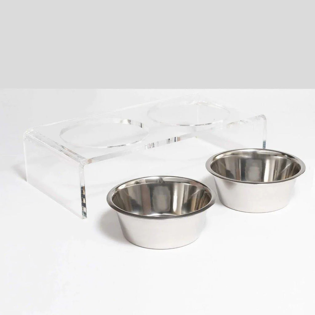 Large Clear Double Dog Bowl Feeder with Silver Bowls - 1 Quart - Pet Accessories - The Well Appointed House