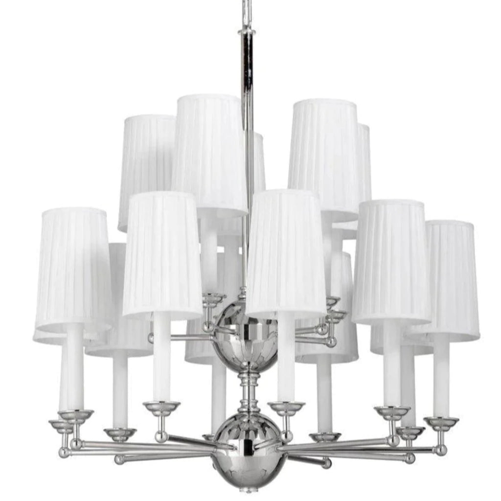 Large Double Tier Polished Nickel 15 Light Candelabra Chandelier With Silkette Shades - Chandeliers & Pendants - The Well Appointed House