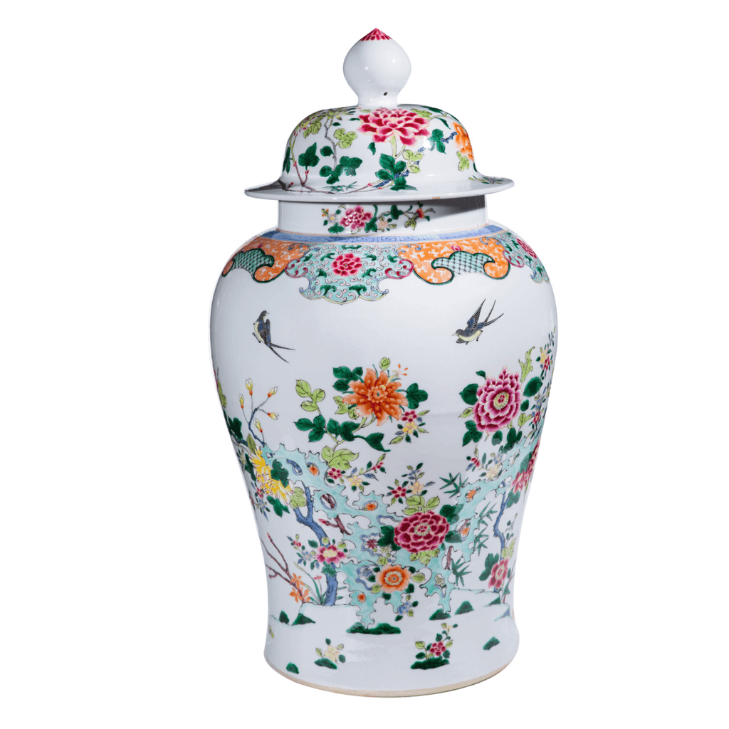 Large Porcelain Multi-Colored Chinoiserie Floral Temple Jar - Vases & Jars - The Well Appointed House