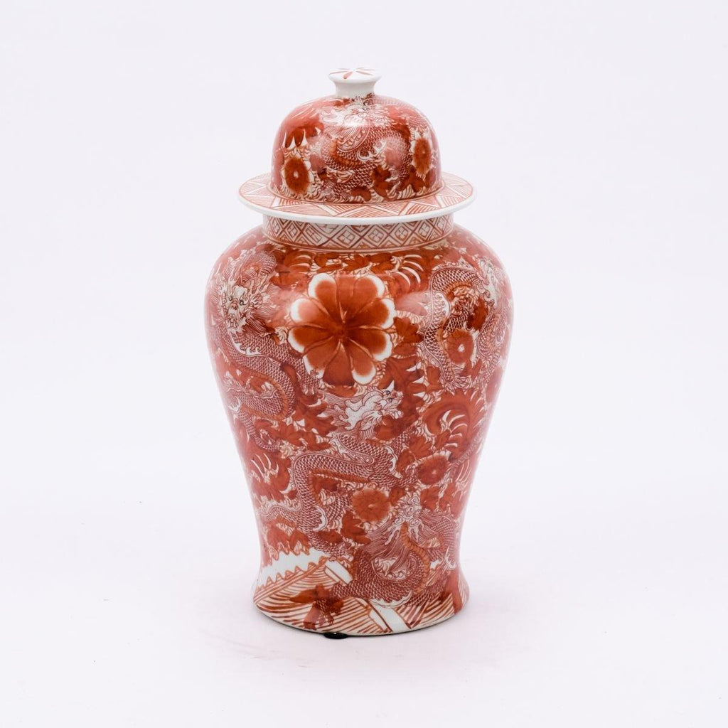 Large Porcelain Orange Temple Jar with Dragon & Floral Motif - Vases & Jars - The Well Appointed House