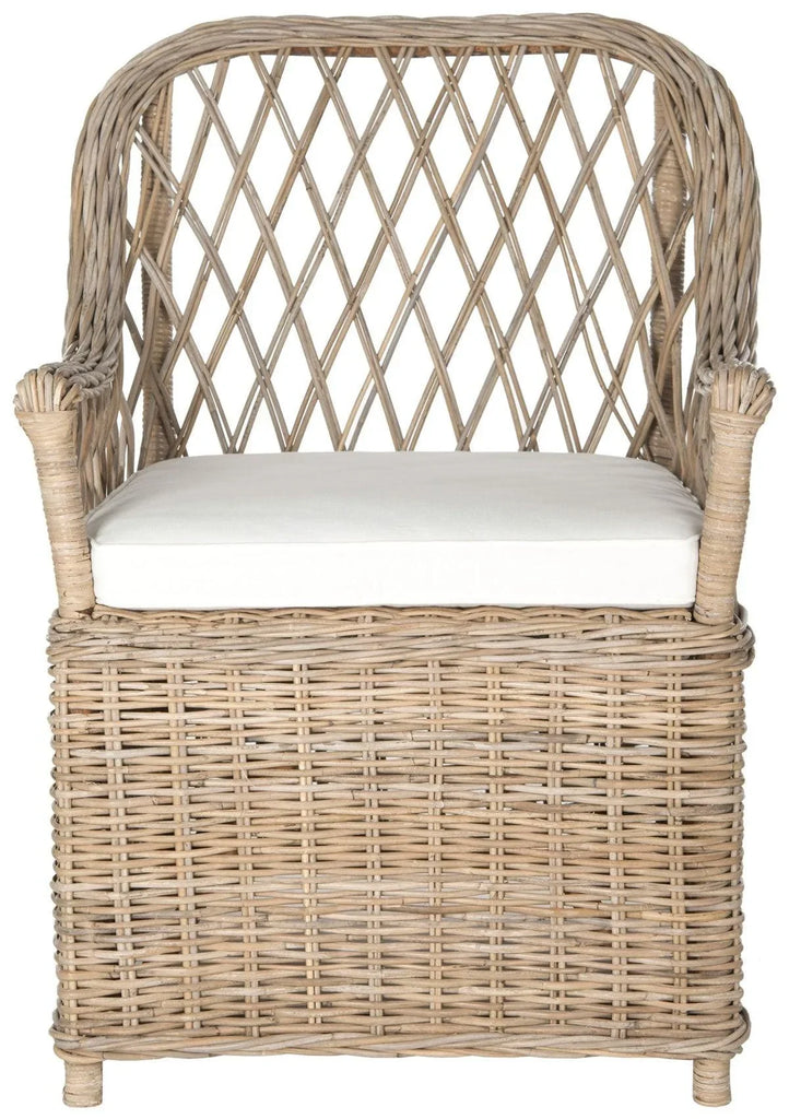Lattice Weave Back Rattan Arm Chair in Natural With Cushion - Accent Chairs - The Well Appointed House