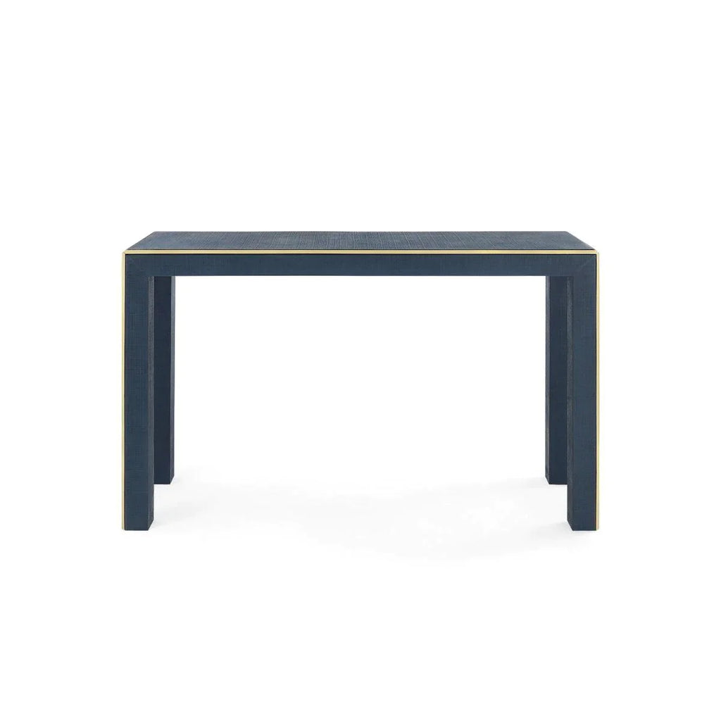 Lauren Console Table in Storm Blue Lacquered Heavy Linen with Brush Brass Accents - Sideboards & Consoles - The Well Appointed House