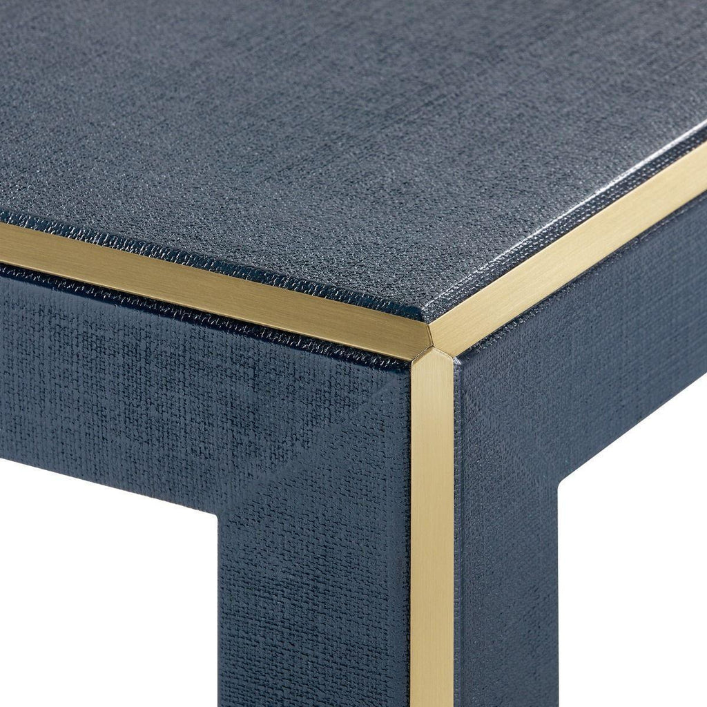 Lauren Console Table in Storm Blue Lacquered Heavy Linen with Brush Brass Accents - Sideboards & Consoles - The Well Appointed House