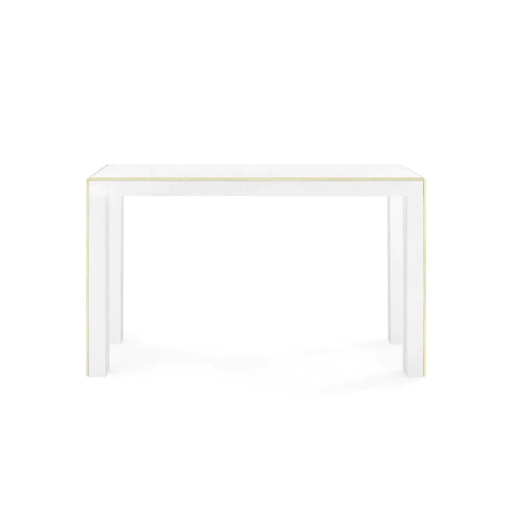 Lauren Console Table in Vanilla Lacquered Heavy Linen with Brush Brass Accents - Sideboards & Consoles - The Well Appointed House